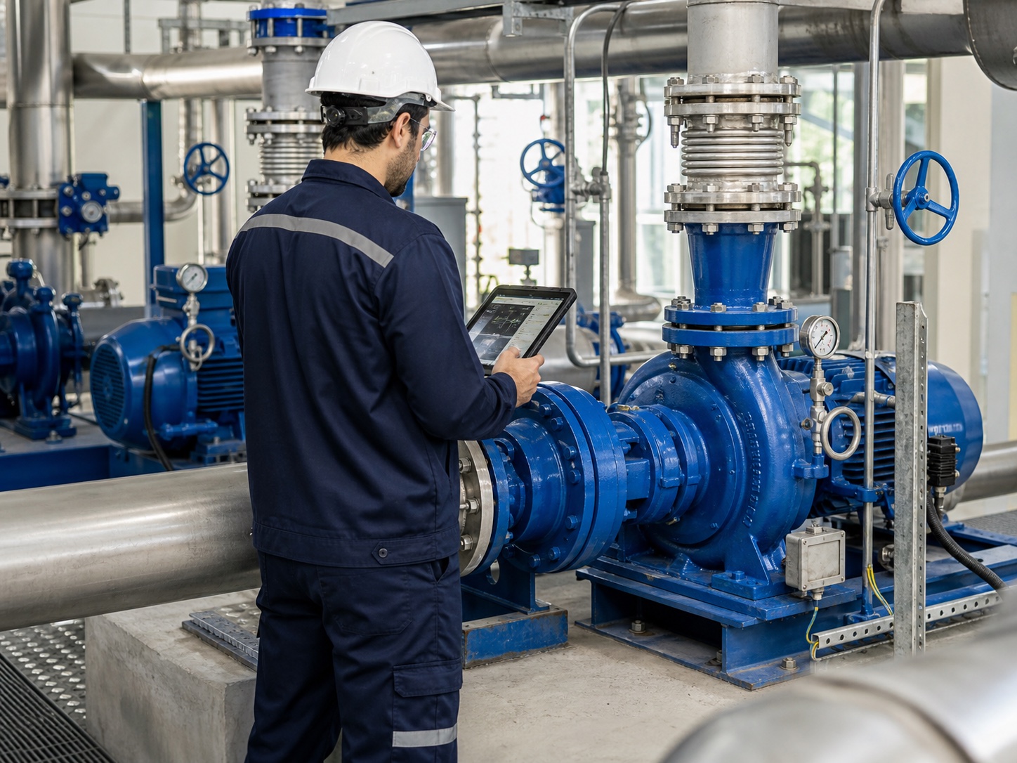 Endüstriyel pompa sistemini inceleyen teknik servis uzmanı